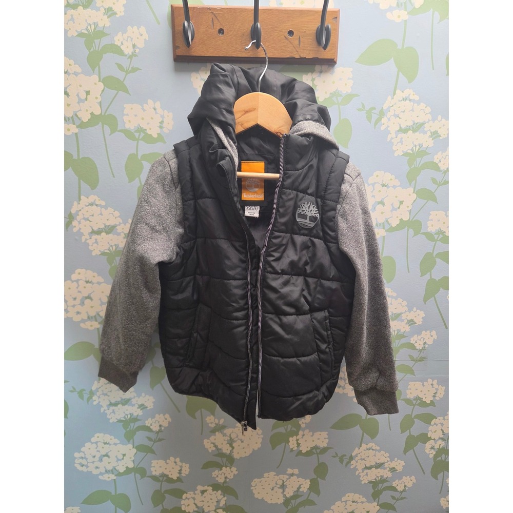 Timberland Kids Black Grey Quilted Puffer Hybrid Hooded Jacket Size XS 5/6